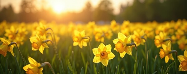 Fototapeta premium Field full of bright yellow narcissus flowers at sunrise. Beautiful meadow, wildflowers blooming in spring. Nature landscape background, fresh flowers in sunlight. Springtime season concept, floral
