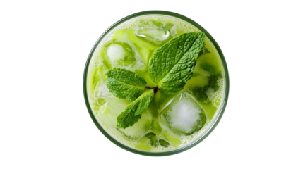 Overhead view of iced matcha latte in transparent glass with mint leaves, summer refreshment, PNG