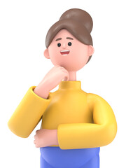 3D illustration of Asian woman Angela surrounded by question marks.Transparent Background Mockup.Supports PNG files with transparent backgrounds.