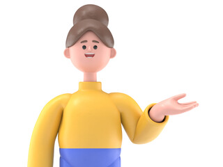 3D illustration of Asian woman Angela pointing finger at screen,Transparent Background Mockup.Supports PNG files with transparent backgrounds.