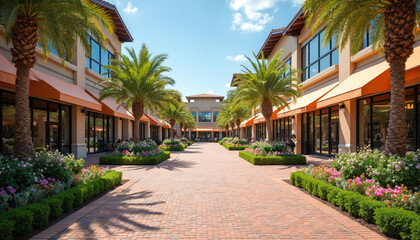 Upscale shopping center courtyard sunny day. Palm trees, retail stores, restaurants, brick pavement create inviting urban scene. Beautiful landscaping decorates space. Perfect for commercial, real
