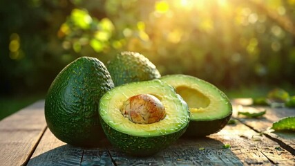 Fresh avocados on rustic wooden table in sunny outdoor setting