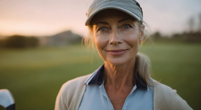 Friendly senior woman with gray hair  and cap,  on a golf course at sunset, wearing a blue polo shirt, with golf club, smiling and enjoying the warm evening light.