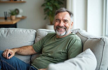 Fototapeta premium Happy senior man smiles at camera while relaxing on couch at home. Mature male, wearing green shirt, enjoys leisure time indoors. Content, cheerful, satisfied middle-aged person in modern interior.