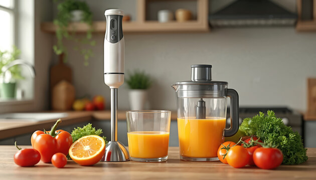 Hand blender with transparent glass full of juice. Electric kitchen machine for soup or smoothie. Healthy food, vitamins concept. Fresh vegetables, fruit near juice maker machine.