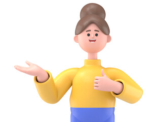 3D illustration of smiling Asian woman Angelashowing palm hand and doing ok gesture with thumbs up,Supports PNG files with transparent backgrounds.