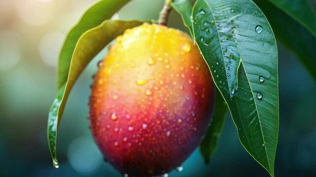 Close-up of a ripe mango with water droplets on a tree branch
