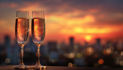 Romantic Toast with Champagne at Sunset Over City