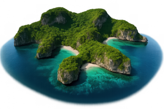 Verdant foliage blanketing rugged rocky landscape of tropical island, turquoise waters surrounding pristine terrain