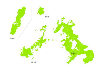 日本の長崎県の行政区分付き地図
