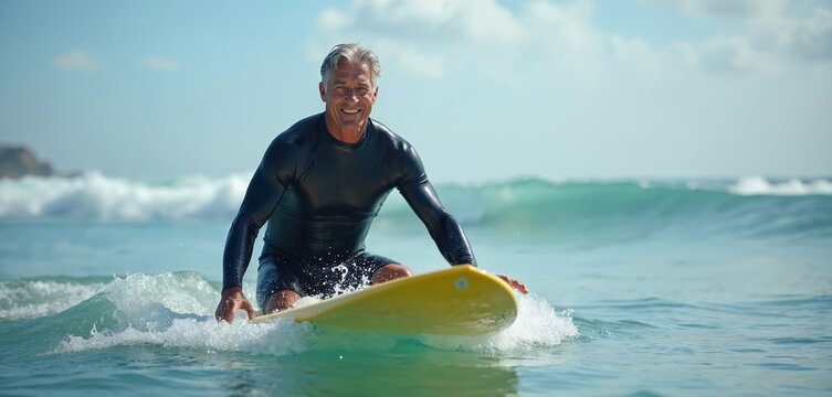 Mature man surfing on ocean waves. Active senior in wetsuit enjoys surfing. Man on surfboard with happy smiling face rides waves on summer day. Sport lifestyle health.