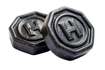 Close up of two black cufflinks with the letter h embossed on them, cufflinks, h, letter, monogram, initials, jewelry, accessory, black, metal, shiny, close up, detail, elegant, luxury, fashion, style