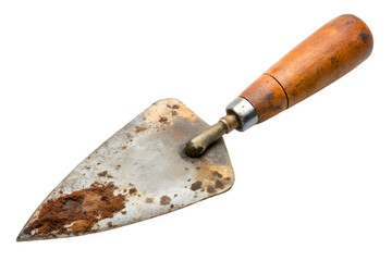 Close up of an old and rusty trowel tool isolated on a solid PNG background, trowel, tool, construction, building, repair, renovation, rust, rusty, metal, steel, aged, antique, vintage, old, worn, c