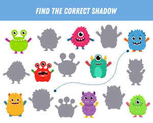 Find correct shadow of cute monsters. Educational logical game for kids. Halloween game. Cartoon monsters. Vector
