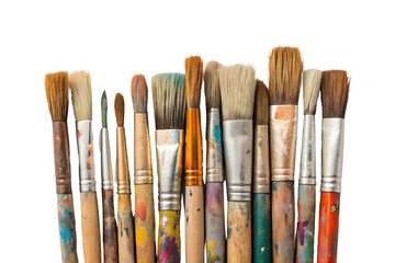 Fototapeta premium Collection of used paint brushes isolated on PNG background artistic tools and supplies, paint brushes, brushes, art supplies, painting tools, art, artist, crafting, creative, studio, tools, hobby, 