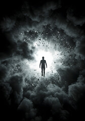 Silhouette of a Person Walking Towards a Bright Light in a Dark, Cloudy Sky