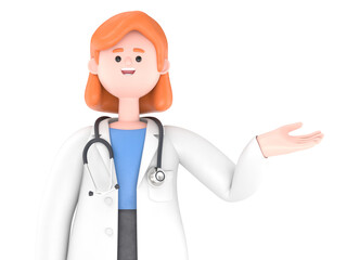 Fototapeta premium 3D illustration of Female Doctor Nova with big phone.Portraits of cartoon characters standing man pointing finger at screen, Medical presentation clip art isolated on blue background
