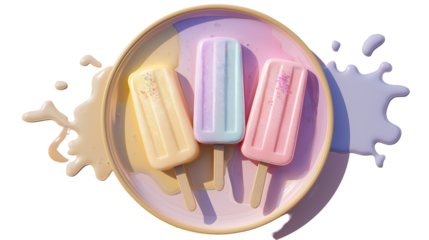 Frozen popsicle trio in pastel colors on melting plate, top view, bright shadow, PNG
