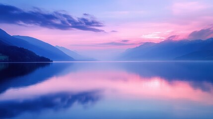 Fototapeta premium Serene Sunset Over Calm Lake and Mountains
