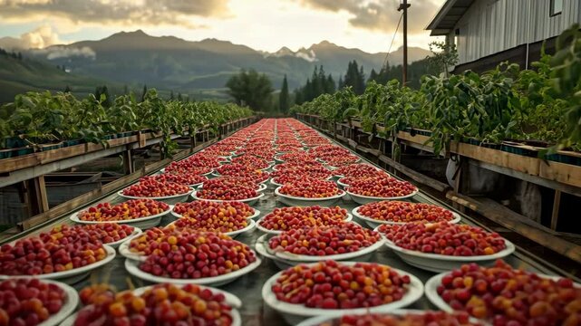 Bountiful harvest of fresh cherry tomatoes on outdoor table in countryside farm setting
