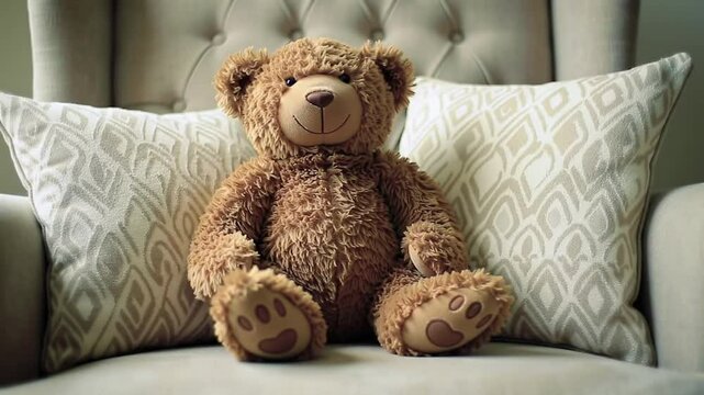 A fluffy teddy bear sitting on a chair with patterned pillows in a cozy and inviting setting indoors