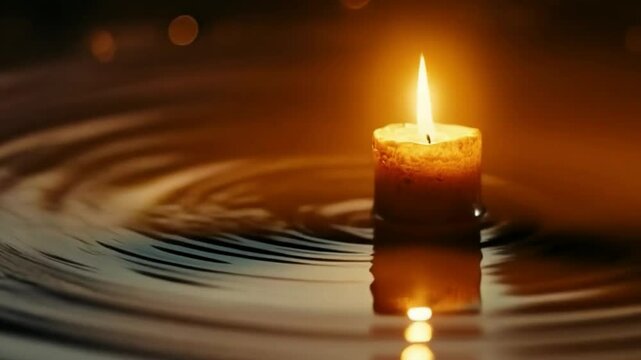 Abstract background with burning candle and flickering lights on water, useful for meditative videos and aromatherapy ads.
