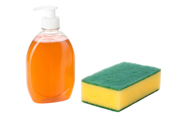 Dish soap bottle and cleaning sponge against PNG background cleanliness concept, dish soap, cleaning, sponge, household, hygiene, kitchen, clean, washing, detergent, bottle, liquid, orange, foam, sc