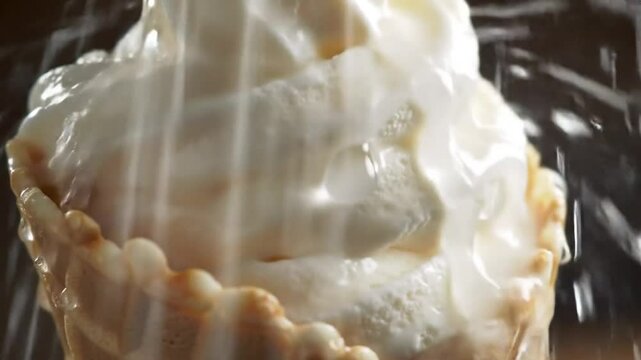 A close up of a soft serve ice cream cone with water droplets falling on it in a studio shot