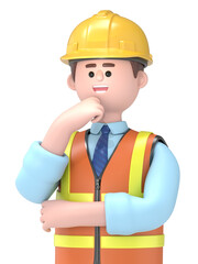 3D illustration of male engineer Owen surrounded by question marks.Transparent Background Mockup.Supports PNG files with transparent backgrounds.