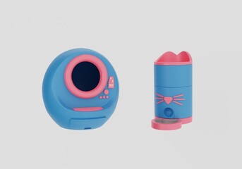 3D icon set of automatic cat care products. Smart litter tray, automatic cat feeder. 3D rendering.