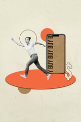 Poster art collage of person run stand near cell phone with buy dollars phrase on pastel background