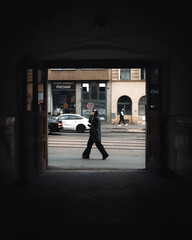 silhouette of a woman walking in prague