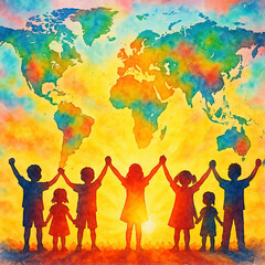 Diverse children holding hands beneath a colorful watercolor world map illustrating unity