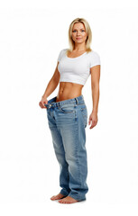Fototapeta premium Dieting woman in jeans too large isolated on white background