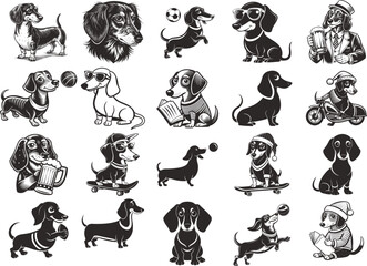 Obraz premium Dachshunds Dog Collection in Various Poses and Activities Engaging in Fun Activities Black And White Silhouette Vector Art Illustration