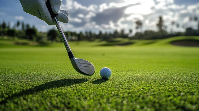 Golf club poised over a golf ball on a lush green fairway.  A gloved hand holds the club head just above the ball