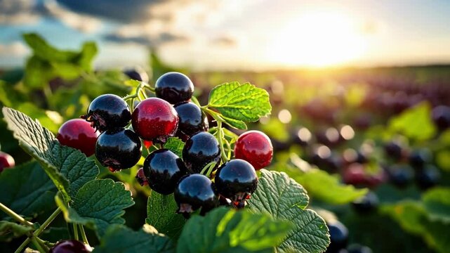 Sunlit blackcurrant and redcurrant berries in lush green field at sunset