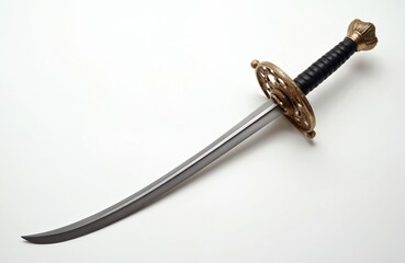 Antique saber with curved blade, polished guard rests on pure white background. Metal weapon isolated. Sharp sword, vintage design, historical tool for cutting.