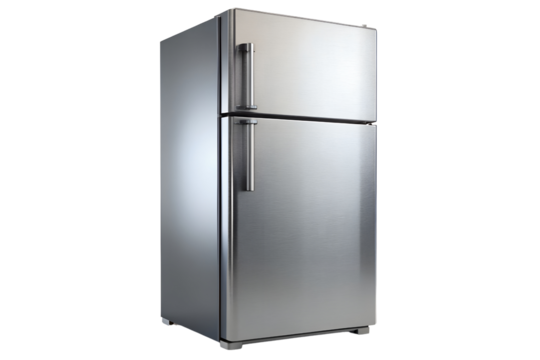 Modern stainless steel refrigerator isolated against a deep PNG background for culinary design, refrigerator, fridge, appliance, kitchen, home appliance, stainless steel, modern, isolated, black bac