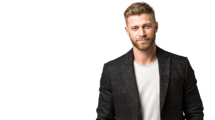 Start-up founder in relaxed blazer and t-shirt combo, modern haircut, torso only, white background, PNG