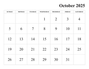 October 2025 Calendar Printable with sunday start