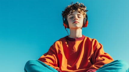 Teenager Boy Relaxing Outdoors Listening to Music with Headphones Clear Blue Sky