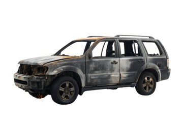 Severely damaged suv after fire showing significant exterior charring and destruction against PNG background, burnt car, fire damage, vehicle wreckage, auto destruction, car fire, charred, destroyed