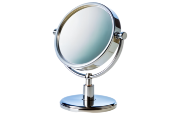 Shiny chrome magnifying mirror set against a solid PNG background for cosmetic use, mirror, magnifying, chrome, reflective, shiny, beauty, cosmetic, makeup, spa, bathroom, grooming, personal care, r