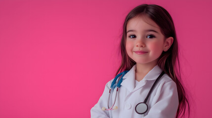 Adorable Little Girl Dressed as Doctor Pink Background Child Healthcare Concept