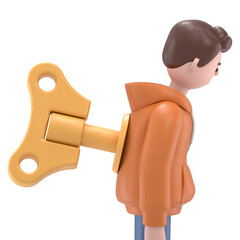 Turning wind up key on 3D illustration of smiling woman Angela.Transparent Background Mockup.Supports PNG files with transparent backgrounds.