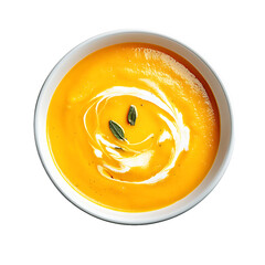 A bowl of creamy orange soup garnished with a swirl of cream and fresh herbs, viewed from above.