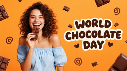 Happy smiling woman celebrating world chocolate day with chocolate bar delightfully
