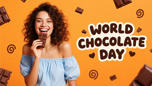 Happy smiling woman celebrating world chocolate day with chocolate bar delightfully