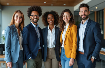 Successful diverse business team stands together in modern office setting. Confident professional men and women in formal business attire look directly at camera. Concept of teamwork and success.